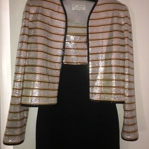 St John Evening Dress Black Knit With Gold Sequin Size 4